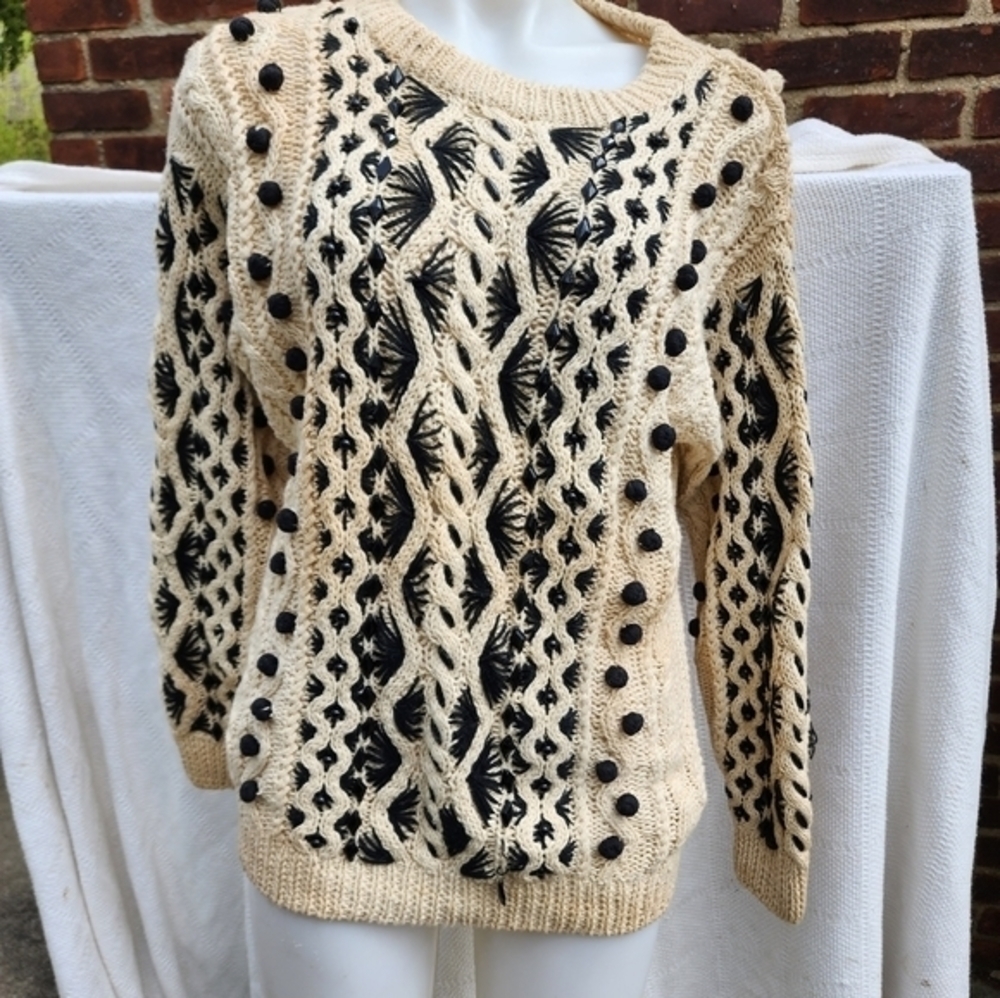 Vintage Cotton Ramie Popcorn Cable Knit Sweater Black Cream M/L - Picture 10 of 16